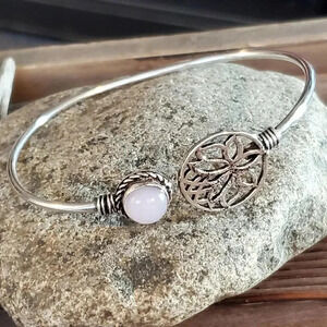 Handcrafted Opalite Gemstone Lotus Circle Sterling Silver Overlay Cuff Bracelet